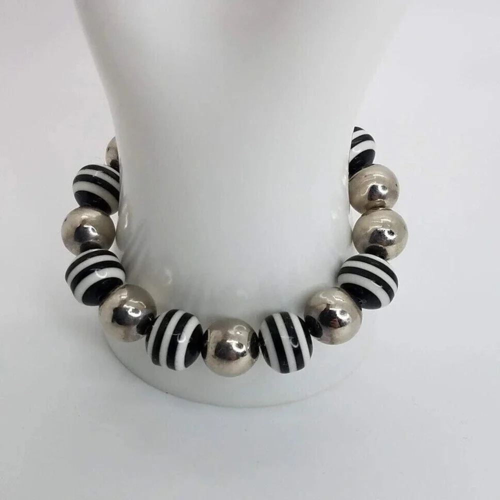 Chic Black‎ White Stripe Silver Tone Beaded Stretch Bracelet Fashion Jewelry